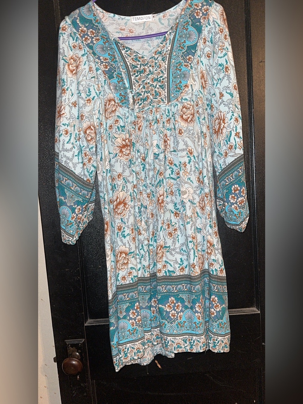 Boho Floral Peasant Dress in Teal and Cream size medium EUC